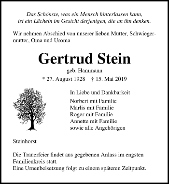 Traueranzeige von Gertrud Stein von Lübecker Nachrichten