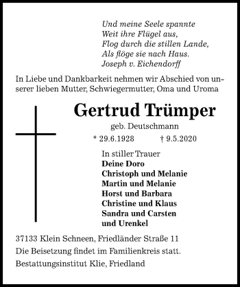 Traueranzeige von Gertrud Trümper von Göttinger Tageblatt