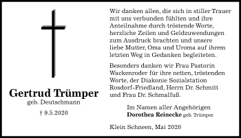 Traueranzeige von Gertrud Trümper von Göttinger Tageblatt