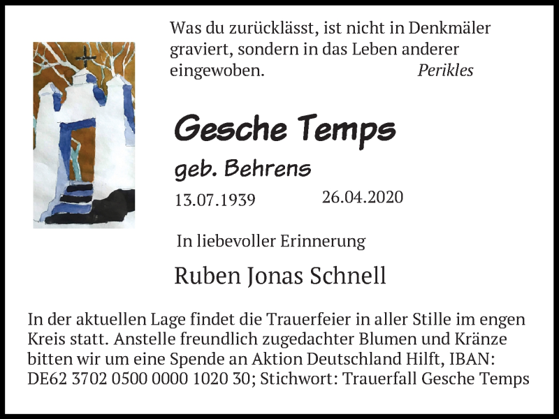  Traueranzeige für Gesche Temps vom 26.05.2020 aus Hannoversche Allgemeine Zeitung/Neue Presse