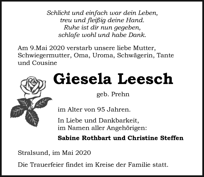  Traueranzeige für Giesela Leesch vom 19.05.2020 aus Ostsee-Zeitung GmbH