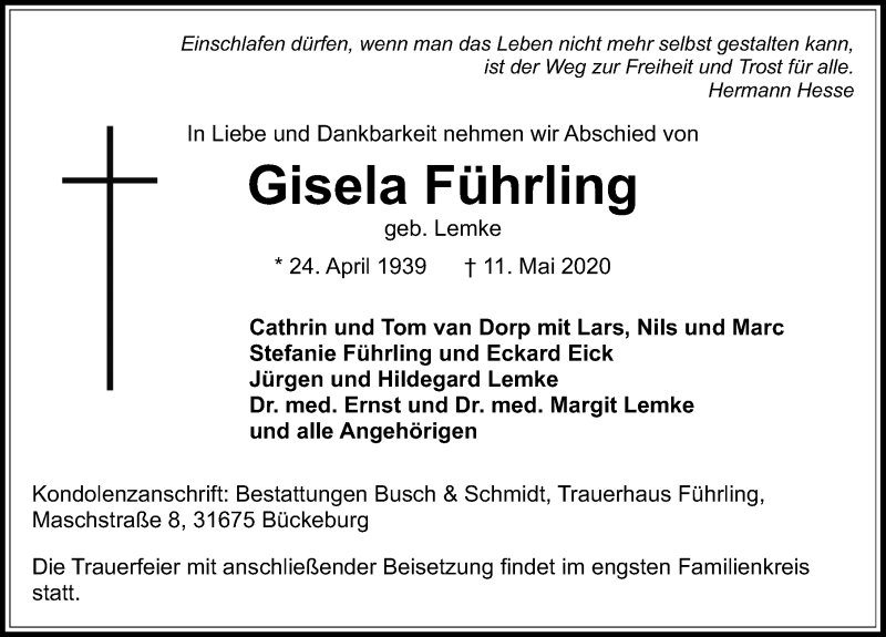  Traueranzeige für Gisela Führling vom 16.05.2020 aus Schaumburger Nachrichten