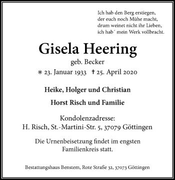 Traueranzeige von Gisela Heering von Göttinger Tageblatt