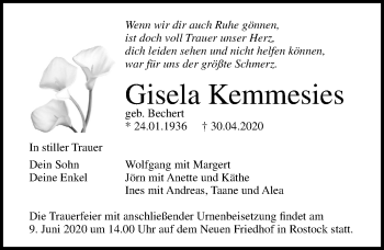Traueranzeige von Gisela Kemmesies von Ostsee-Zeitung GmbH