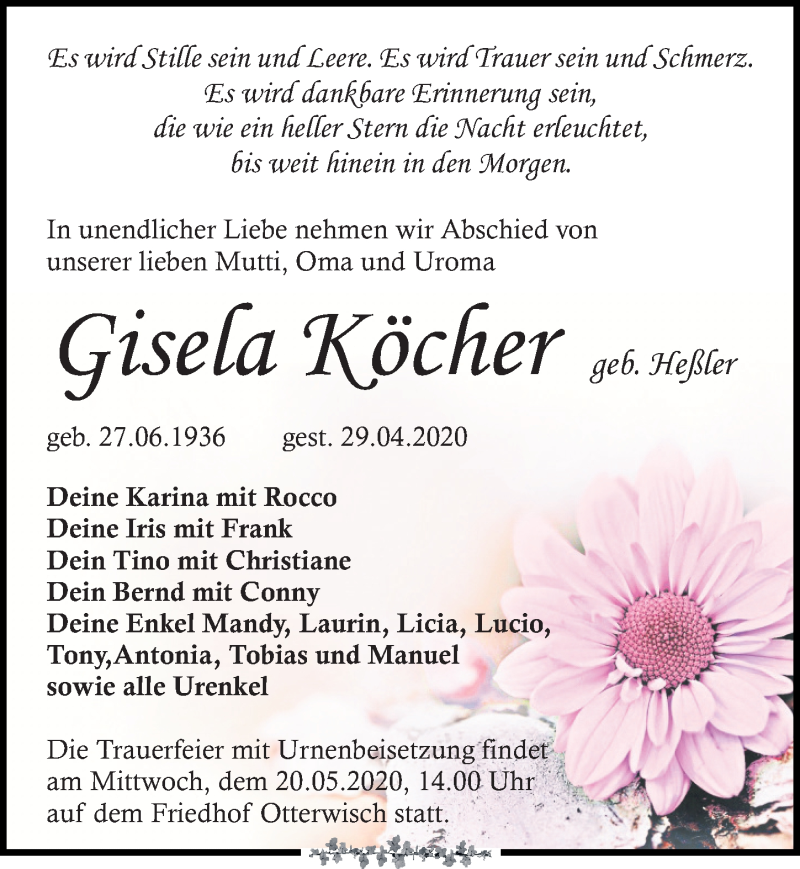  Traueranzeige für Gisela Köcher vom 09.05.2020 aus Leipziger Volkszeitung