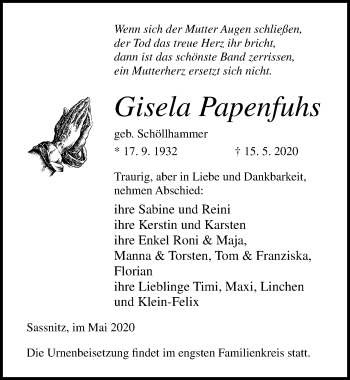 Traueranzeige von Gisela Papenfuhs von Ostsee-Zeitung GmbH