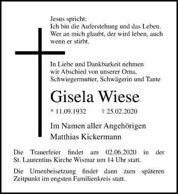 Traueranzeige von Gisela Wiese von Ostsee-Zeitung GmbH