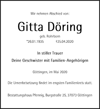 Traueranzeige von Gitta Döring von Göttinger Tageblatt