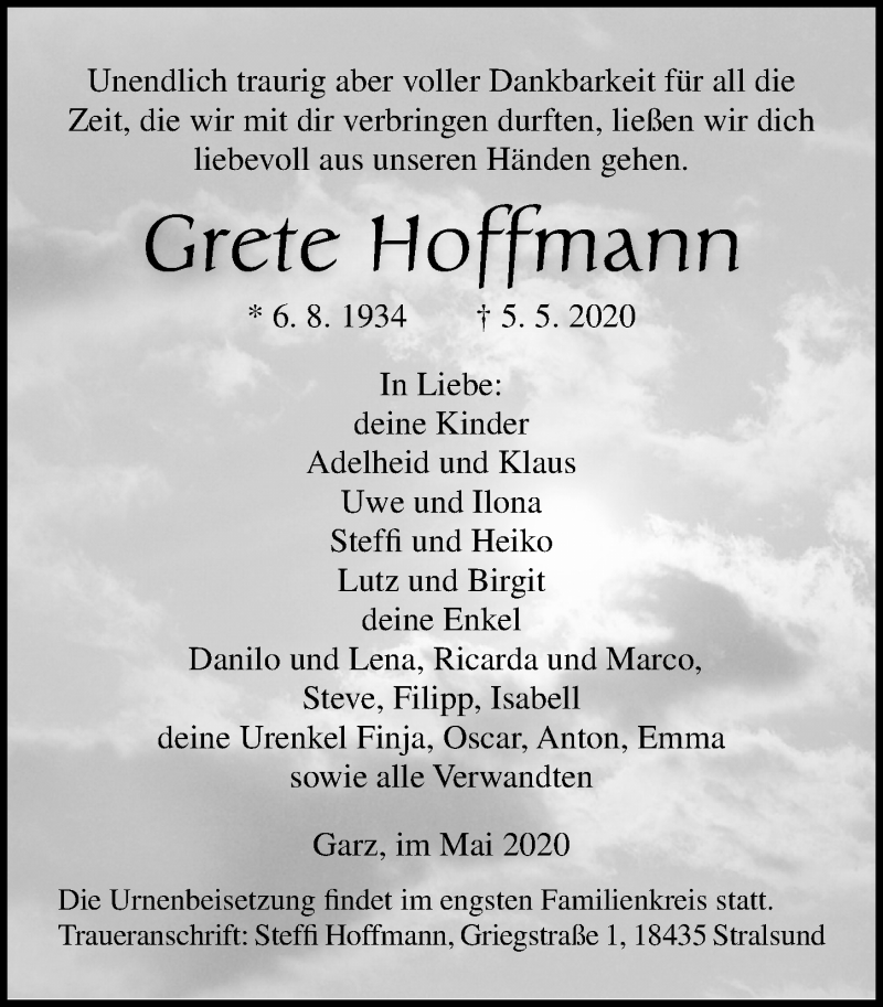  Traueranzeige für Grete Hoffmann vom 09.05.2020 aus Ostsee-Zeitung GmbH