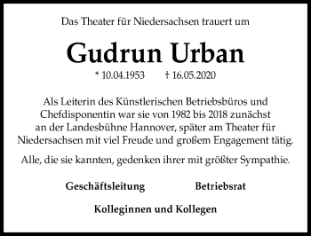 Traueranzeige von Gudrun Urban von Hannoversche Allgemeine Zeitung/Neue Presse