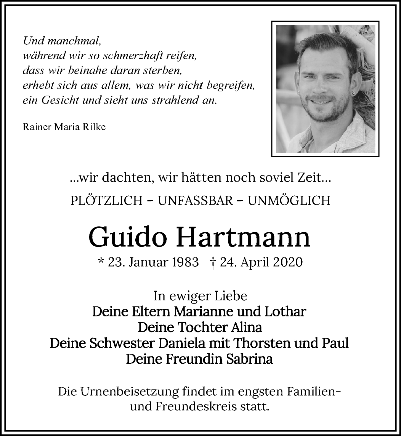  Traueranzeige für Guido Hartmann vom 16.05.2020 aus Märkischen Allgemeine Zeitung