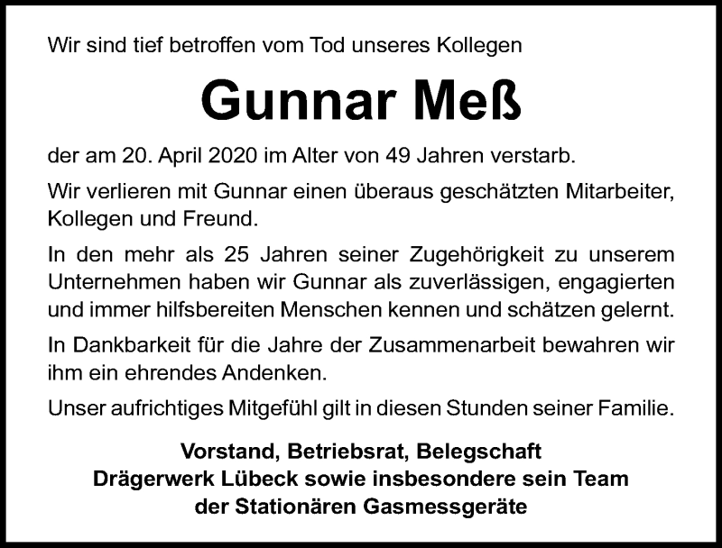  Traueranzeige für Gunnar Meß vom 17.05.2020 aus Lübecker Nachrichten