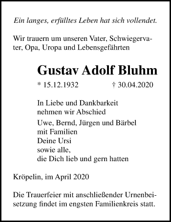 Traueranzeige von Gustav Adolf Bluhm von Ostsee-Zeitung GmbH