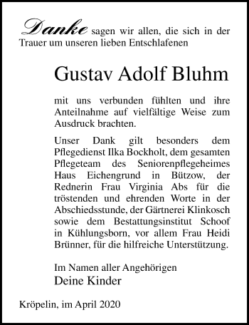 Traueranzeige von Gustav Adolf Bluhm von Ostsee-Zeitung GmbH