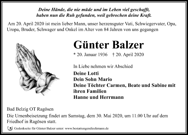  Traueranzeige für Günter Balzer vom 02.05.2020 aus Märkischen Allgemeine Zeitung