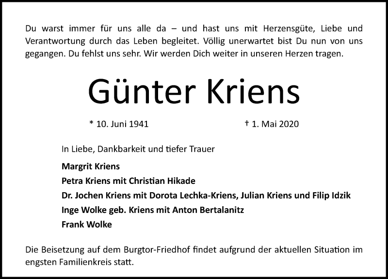  Traueranzeige für Günter Kriens vom 10.05.2020 aus Lübecker Nachrichten