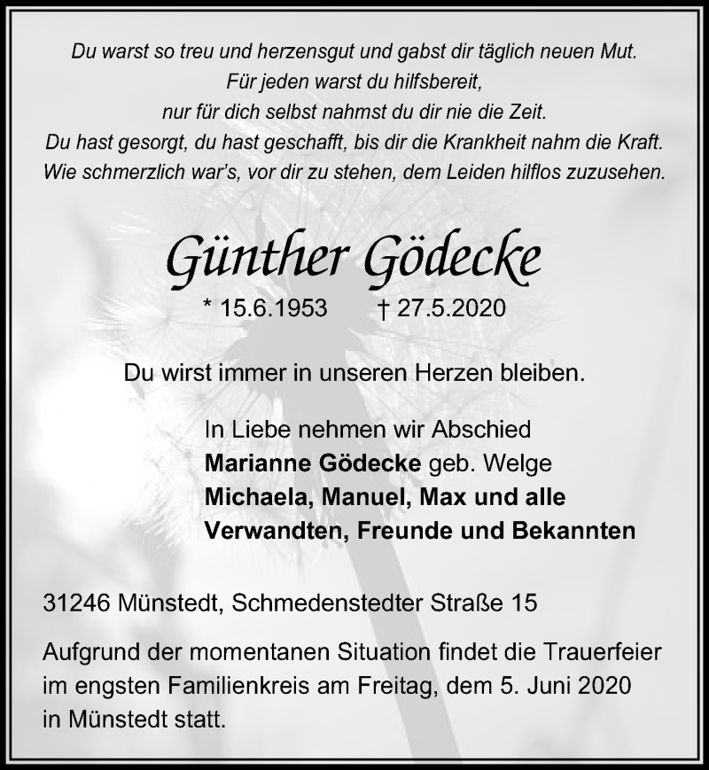  Traueranzeige für Günther Gödecke vom 30.05.2020 aus Peiner Allgemeine Zeitung