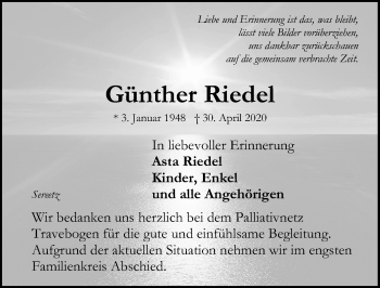 Traueranzeige von Günther Riedel von Lübecker Nachrichten