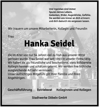 Traueranzeige von Hanka Seidel von Leipziger Volkszeitung