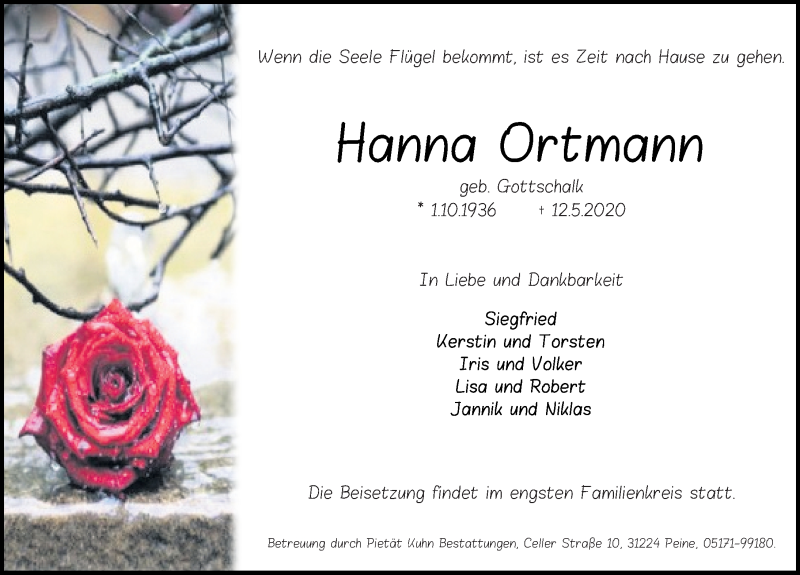  Traueranzeige für Hanna Ortmann vom 14.05.2020 aus Peiner Allgemeine Zeitung