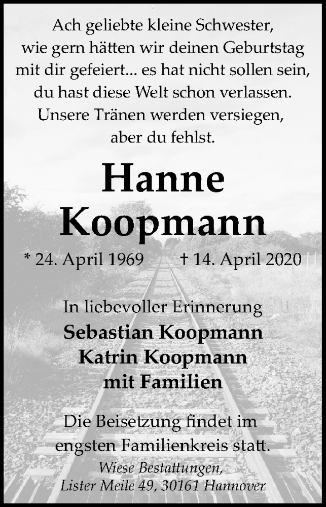  Traueranzeige für Hanne Koopmann vom 02.05.2020 aus Hannoversche Allgemeine Zeitung/Neue Presse