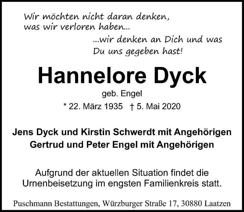  Traueranzeige für Hannelore Dyck vom 09.05.2020 aus Hannoversche Allgemeine Zeitung/Neue Presse