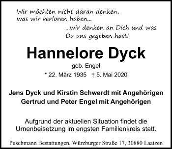 Traueranzeige von Hannelore Dyck von Hannoversche Allgemeine Zeitung/Neue Presse