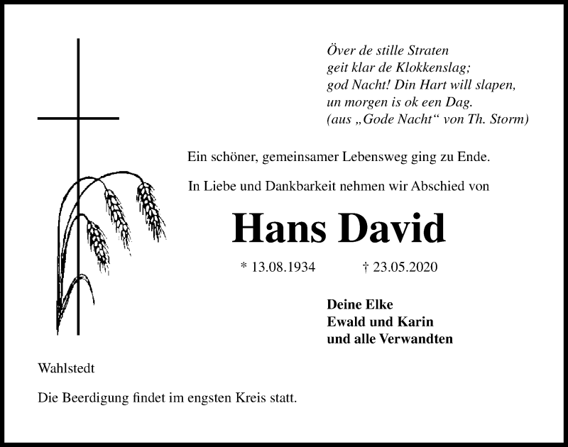  Traueranzeige für Hans David vom 27.05.2020 aus Kieler Nachrichten