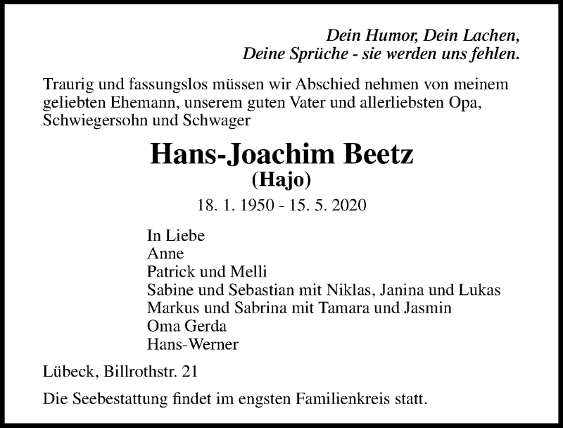  Traueranzeige für Hans-Joachim Beetz vom 31.05.2020 aus Lübecker Nachrichten