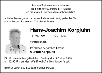Traueranzeige von Hans-Joachim Korpjuhn von Märkischen Allgemeine Zeitung