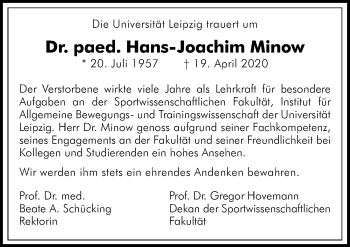 Traueranzeige von Hans-Joachim Minow von Leipziger Volkszeitung