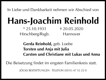 Traueranzeige von Hans-Joachim Reinhold von Hannoversche Allgemeine Zeitung/Neue Presse