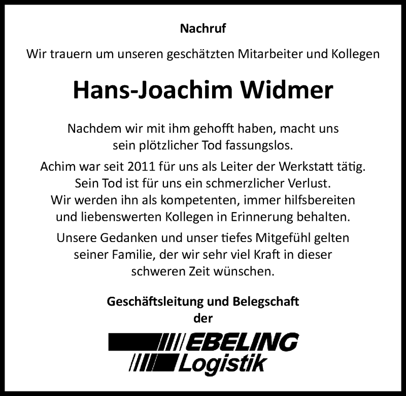  Traueranzeige für Hans-Joachim Widmer vom 23.05.2020 aus Peiner Allgemeine Zeitung