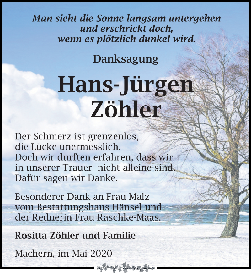  Traueranzeige für Hans-Jürgen Zöhler vom 30.05.2020 aus Leipziger Volkszeitung