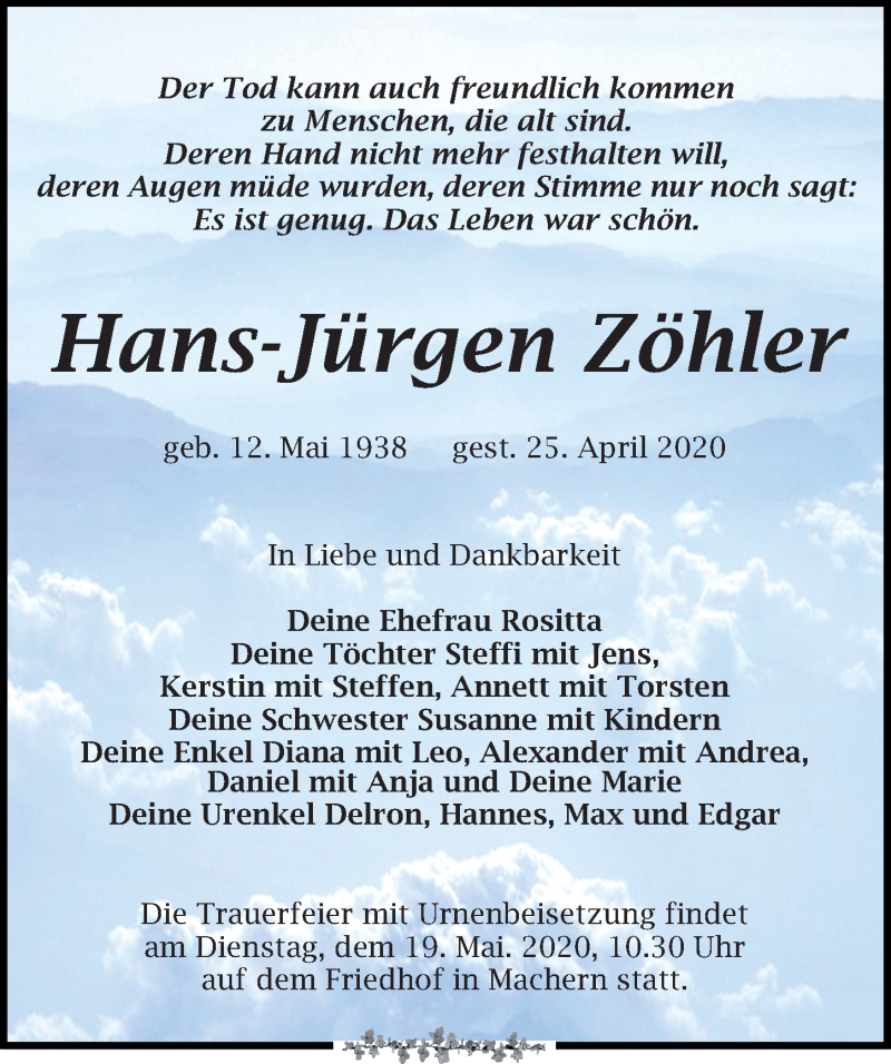  Traueranzeige für Hans-Jürgen Zöhler vom 09.05.2020 aus Leipziger Volkszeitung