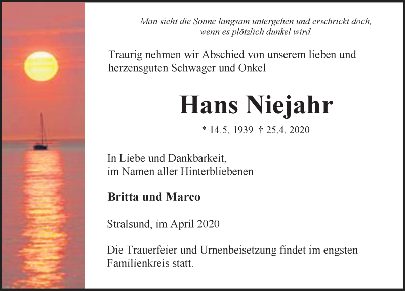 Traueranzeige für Hans Niejahr vom 02.05.2020 aus Ostsee-Zeitung GmbH