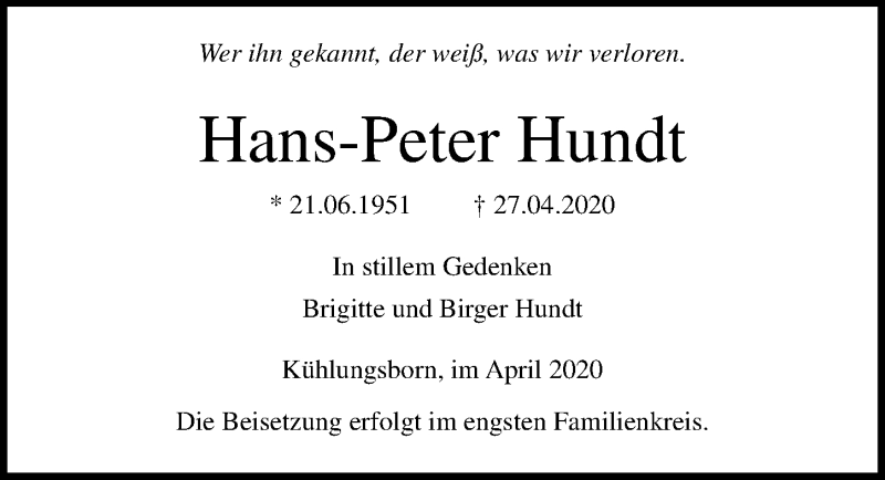  Traueranzeige für Hans-Peter Hundt vom 02.05.2020 aus Ostsee-Zeitung GmbH