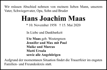 Traueranzeige von Hans Joachim Maas von Lübecker Nachrichten