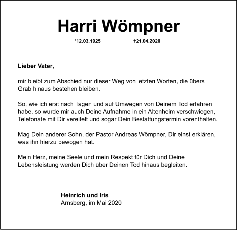  Traueranzeige für Harri Wömpner vom 09.05.2020 aus Schaumburger Nachrichten