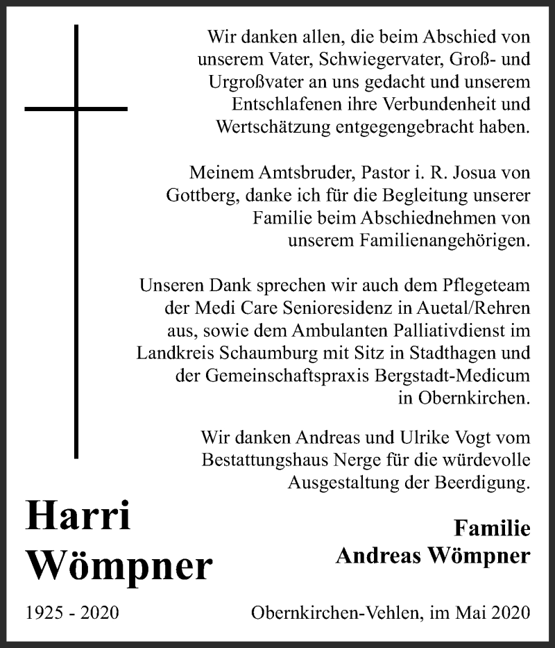  Traueranzeige für Harri Wömpner vom 11.05.2020 aus Schaumburger Nachrichten