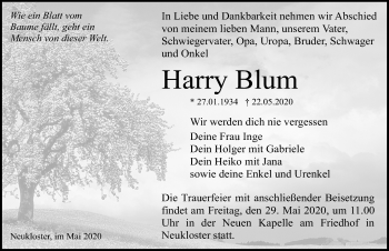 Traueranzeige von Harry Blum von Ostsee-Zeitung GmbH