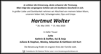 Traueranzeige von Hartmut Wolter von Märkischen Allgemeine Zeitung
