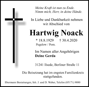 Traueranzeige von Hartwig Noack von Peiner Allgemeine Zeitung