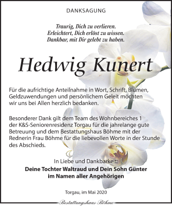 Traueranzeige von Hedwig Kunert von Torgauer Zeitung