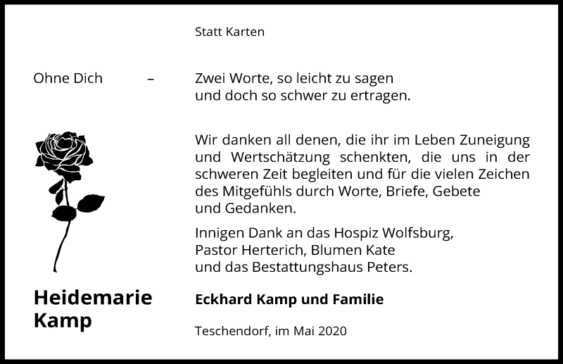  Traueranzeige für Heidemarie Kamp vom 29.05.2020 aus Aller Zeitung