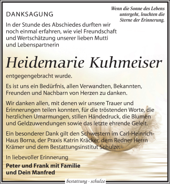 Traueranzeige von Heidemarie Kuhmeiser von Leipziger Volkszeitung