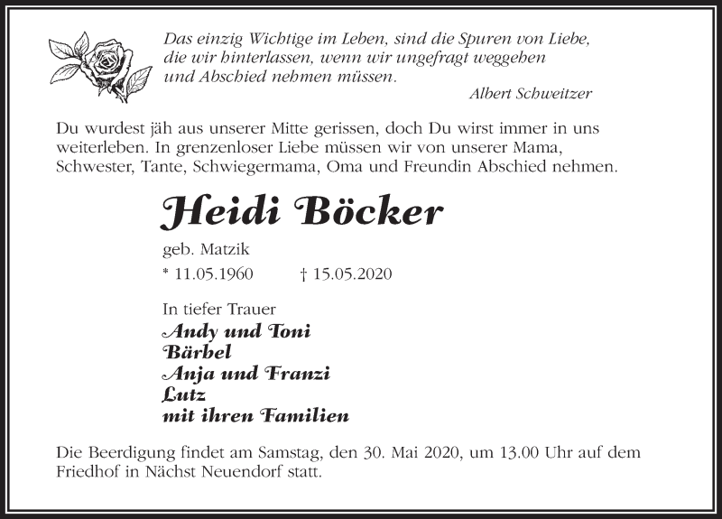  Traueranzeige für Heidi Böcker vom 26.05.2020 aus Märkischen Allgemeine Zeitung