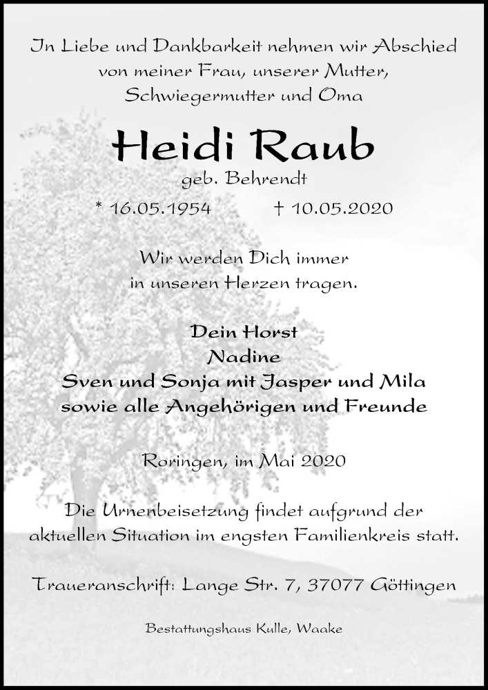  Traueranzeige für Heidi Raub vom 16.05.2020 aus Göttinger Tageblatt