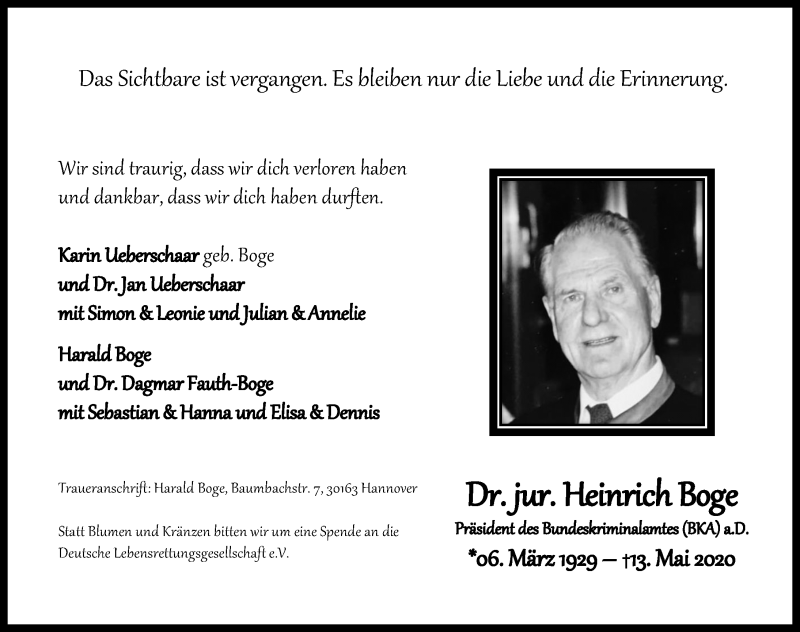  Traueranzeige für Heinrich Boge vom 23.05.2020 aus Hannoversche Allgemeine Zeitung/Neue Presse