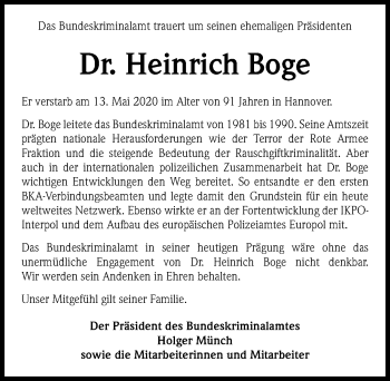 Traueranzeige von Heinrich Boge von Hannoversche Allgemeine Zeitung/Neue Presse